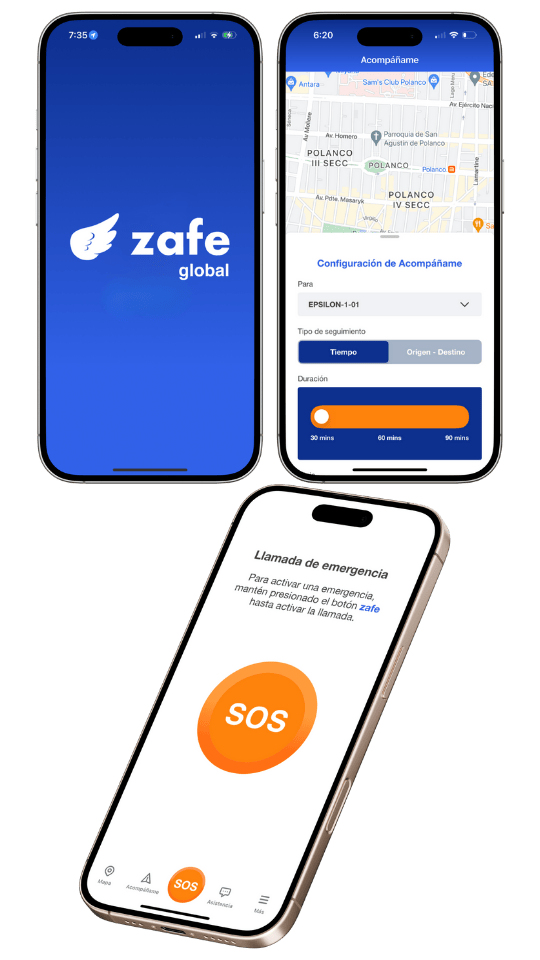 zafe app en pantalla de inicio, acompálame y botón sos